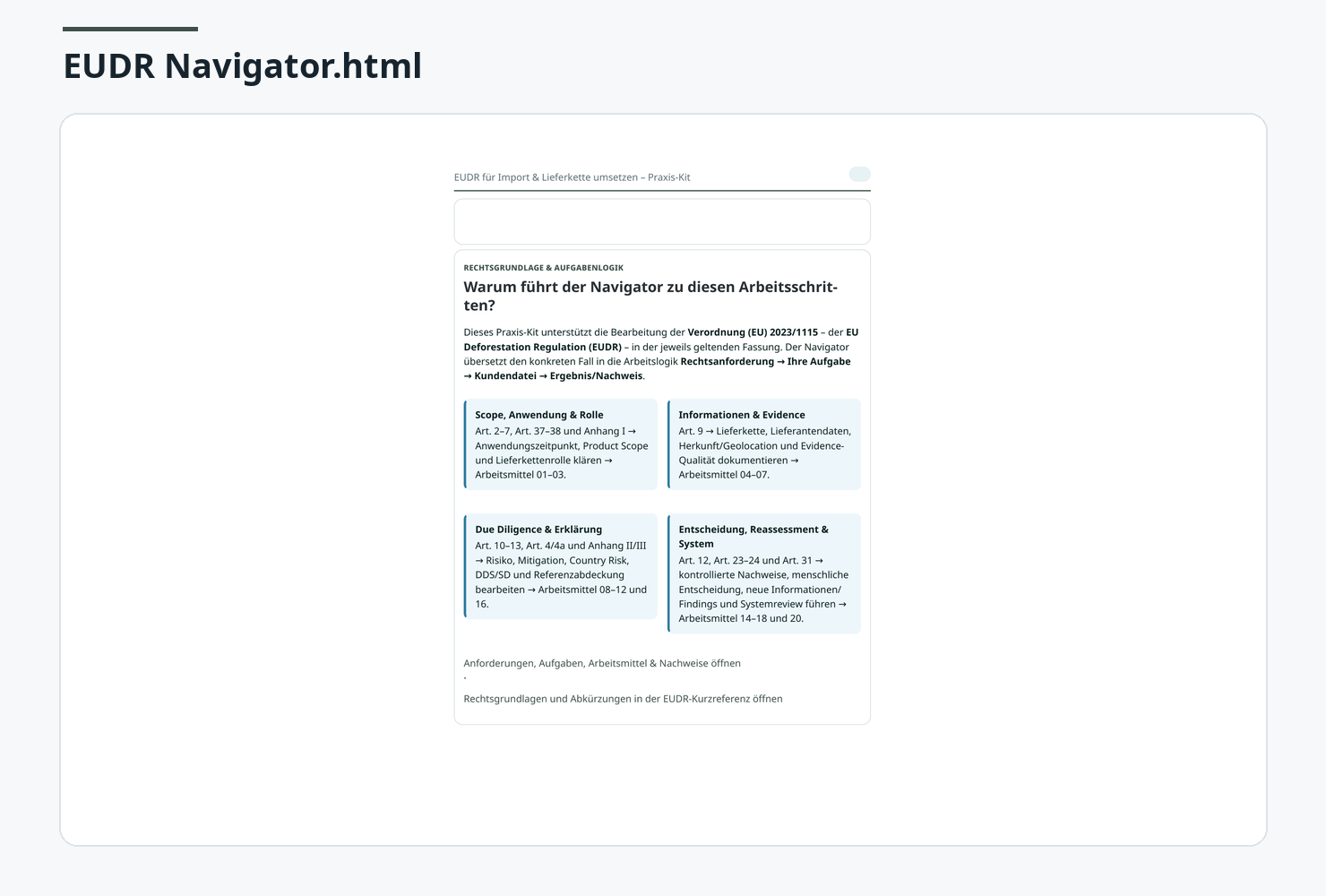 EUDR Praxis-Kit: Geführter Navigator für den EUDR-Fall.