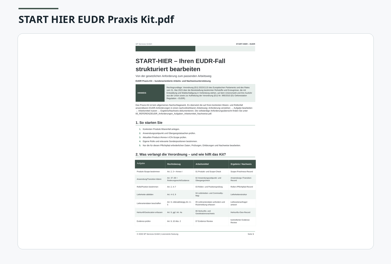 EUDR Praxis-Kit: EUDR-Cockpit für Arbeitsstand, Risiken und Nachweise.
