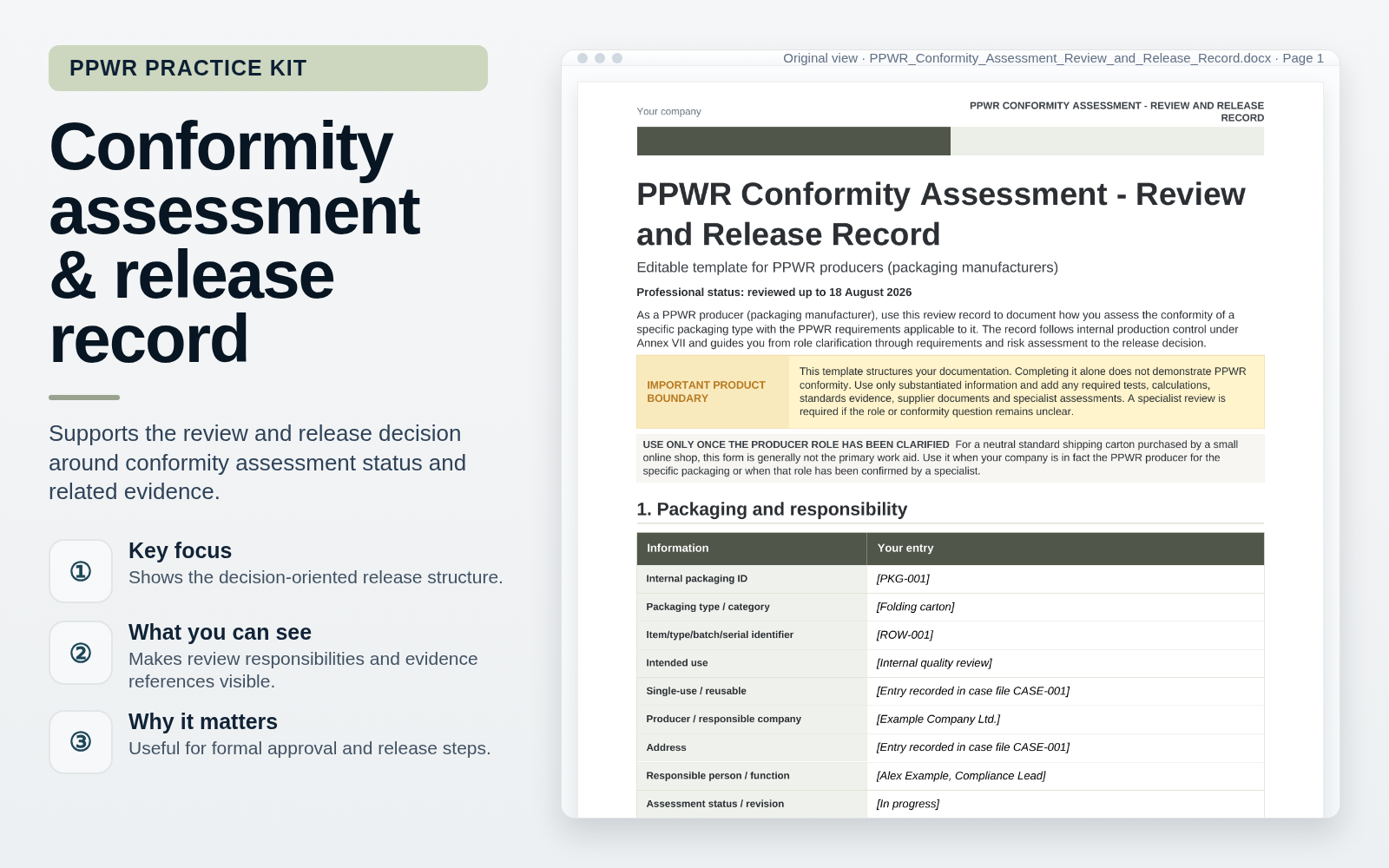 Conformity assessment review and release record – Implement & Document PPWR Packaging Requirements