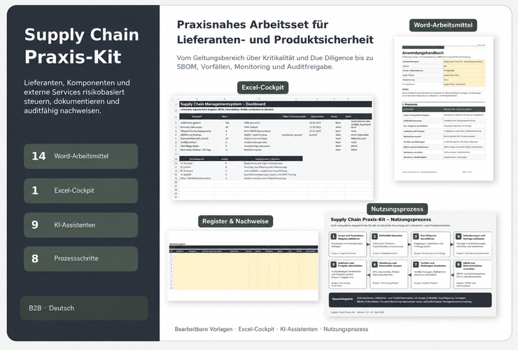 Supply Chain Praxis-Kit mit Lieferantenbewertung, Risikoanalyse und Maßnahmenverfolgung