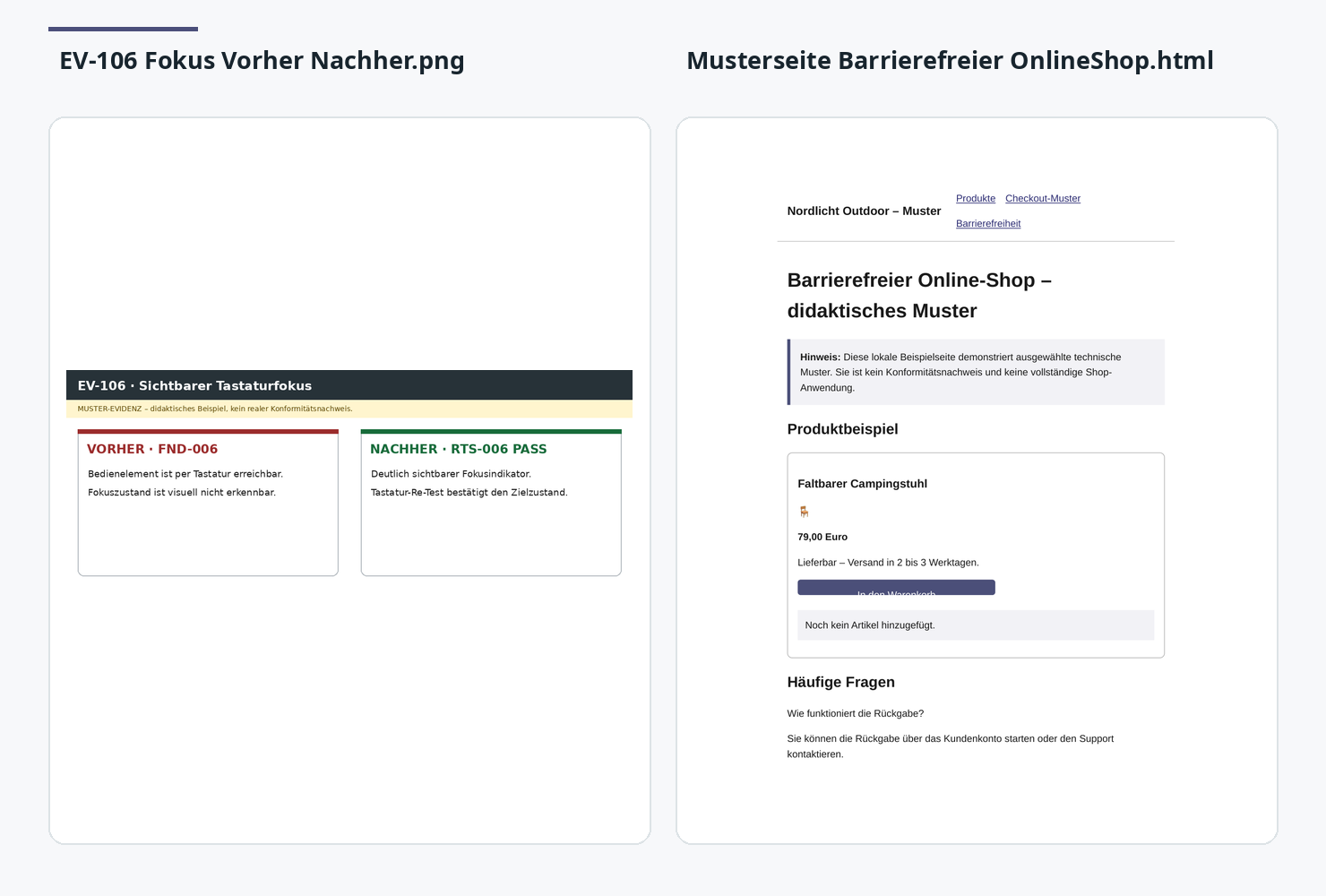 Prüffall-Übersicht und Musterseite für einen barrierefreien Online-Shop