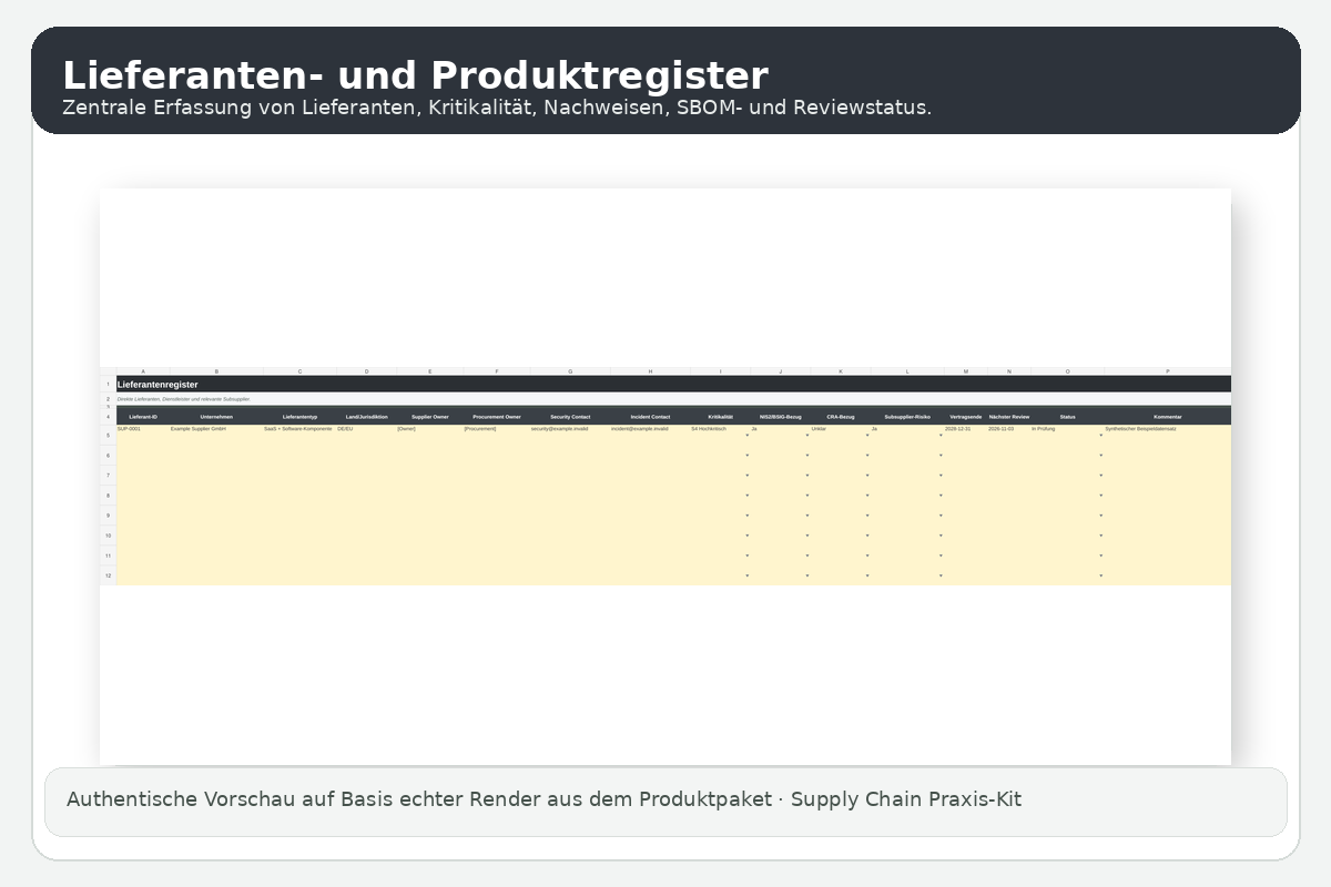 Lieferanten- und Produktregister – authentische Vorschau aus dem Supply Chain Praxis-Kit